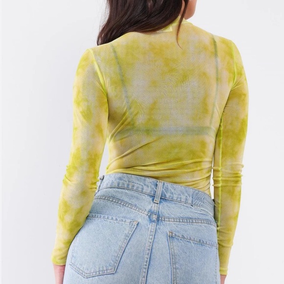 NWOT- Lelis Collection Neon Green Sheer Mesh Long Sleeve Mock Neck Bodysuit - Picture 3 of 9